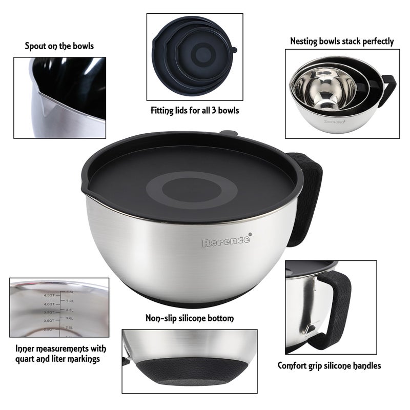 Rorence Stainless Steel Non-Slip Mixing Bowls With Pour Spout, Handle and Lid, Set of 3, Black - Image 2